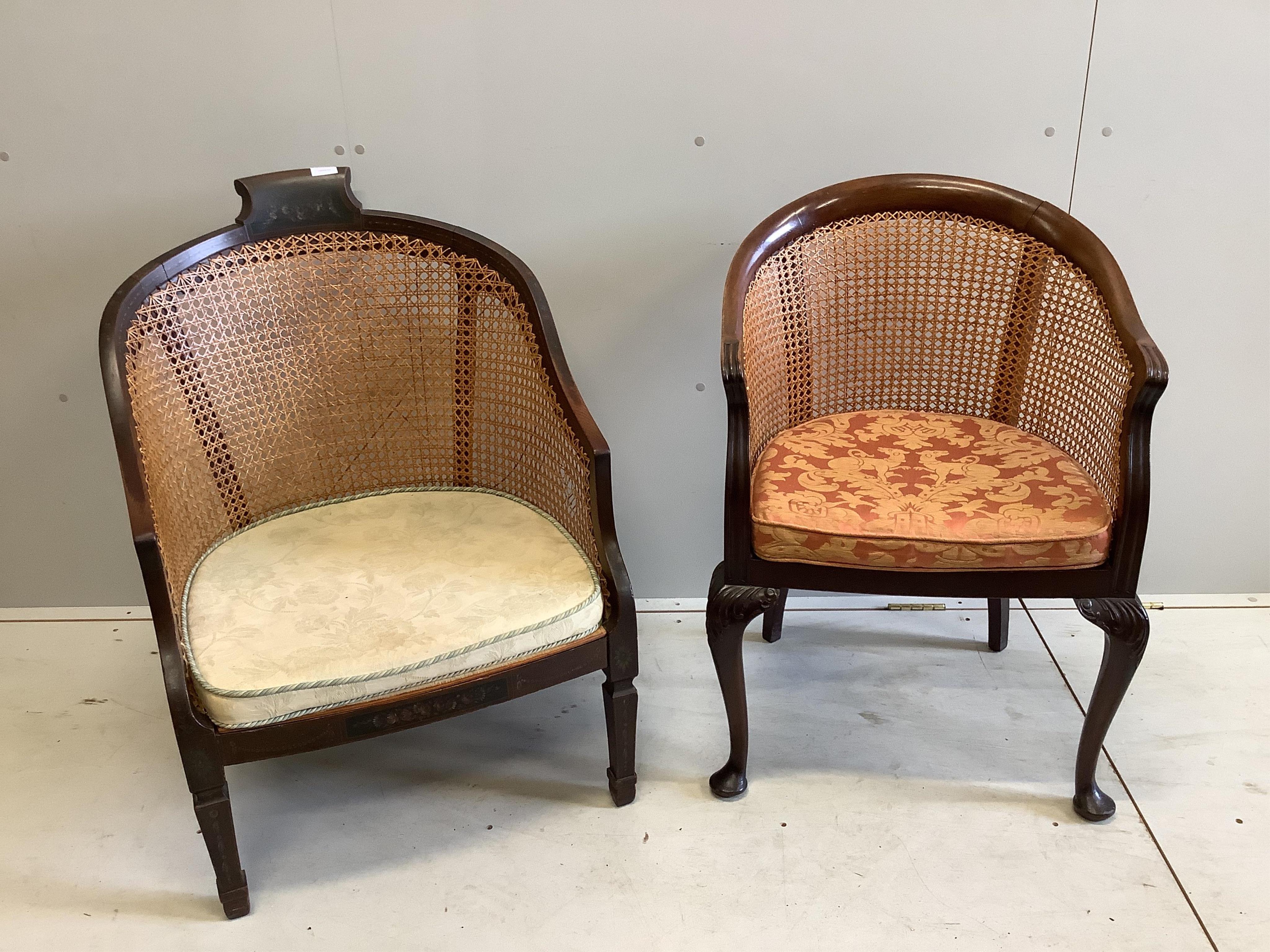 Two mahogany framed caned back tub shaped bergere chairs, larger width 65cm, depth 56cm, height 90cm. Condition - fair to good